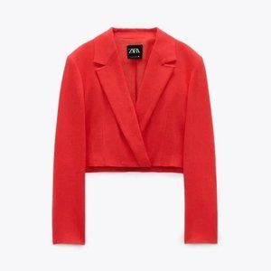 ZARA Linen Blend Cropped Blazer Red/Orange - Medium